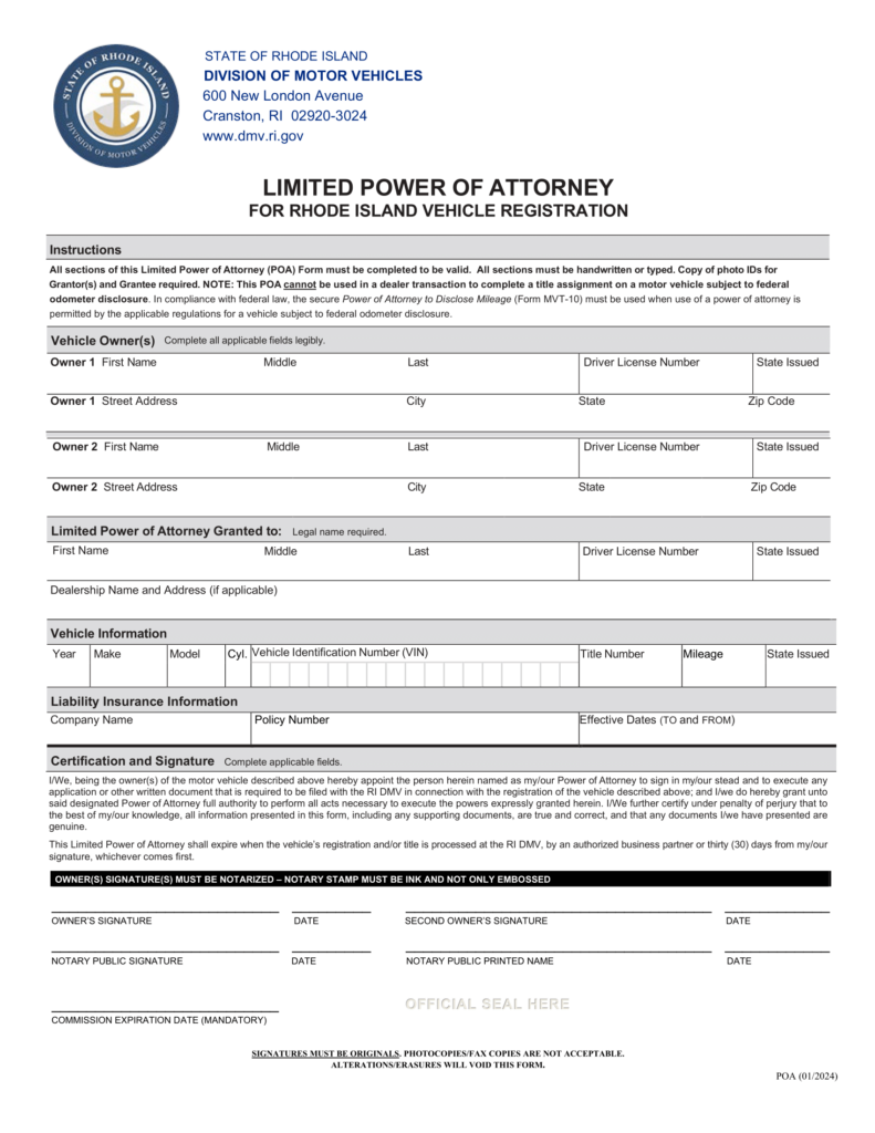 Free Rhode Island Motor Vehicle Power Of Attorney Form | PDF Download