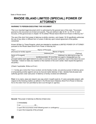 Rhode Island Limited Power of Attorney Form