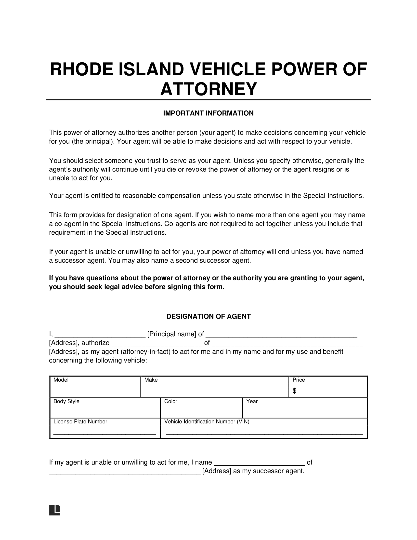 Rhode Island Motor Vehicle Power of Attorney Form