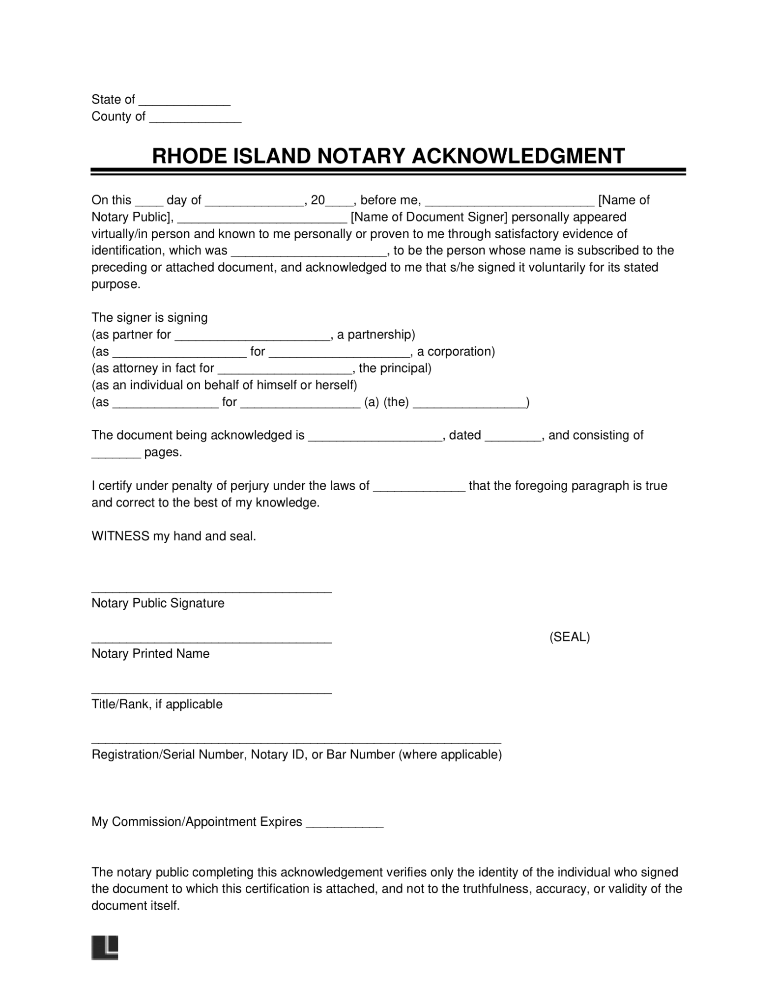 Free Rhode Island Notary Acknowledgment Form PDF & Word