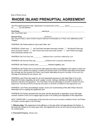 Rhode Island Prenuptial Agreement Template