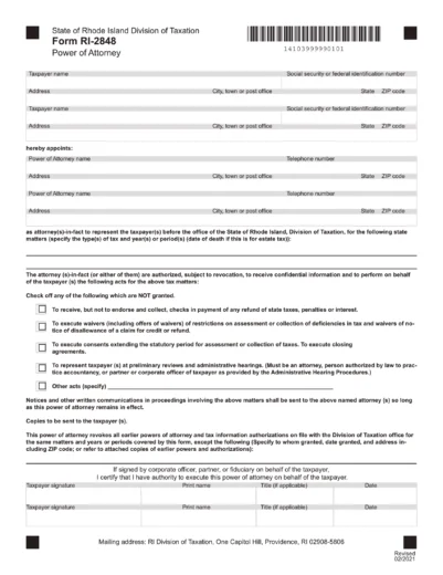 Rhode Island Tax Power of Attorney Form RI-2848