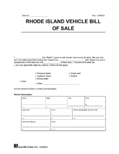 Rhode Island vehicle bill of sale