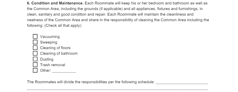 Roommate Agreement Condition and Maintenance