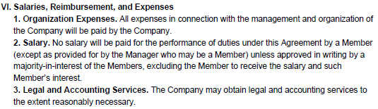Sample showing where to include salary and expenses information in our LLC operating agreement