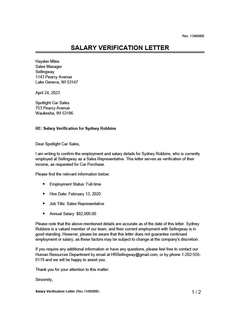 Salary Verification Letter Example page 1