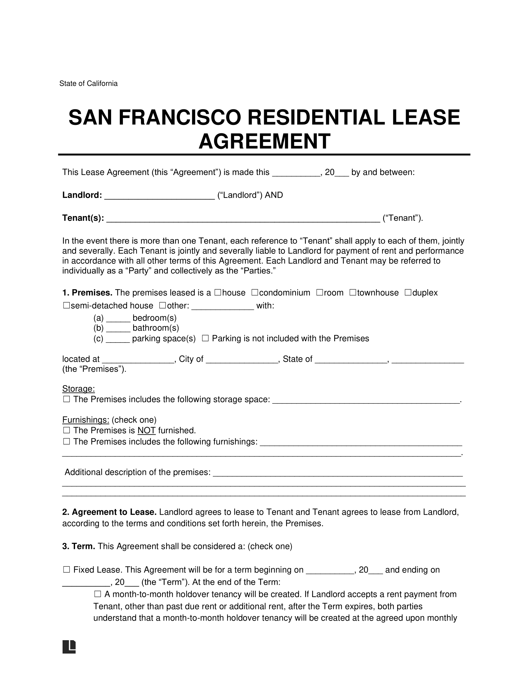 San Francisco Residential Lease Agreement Template