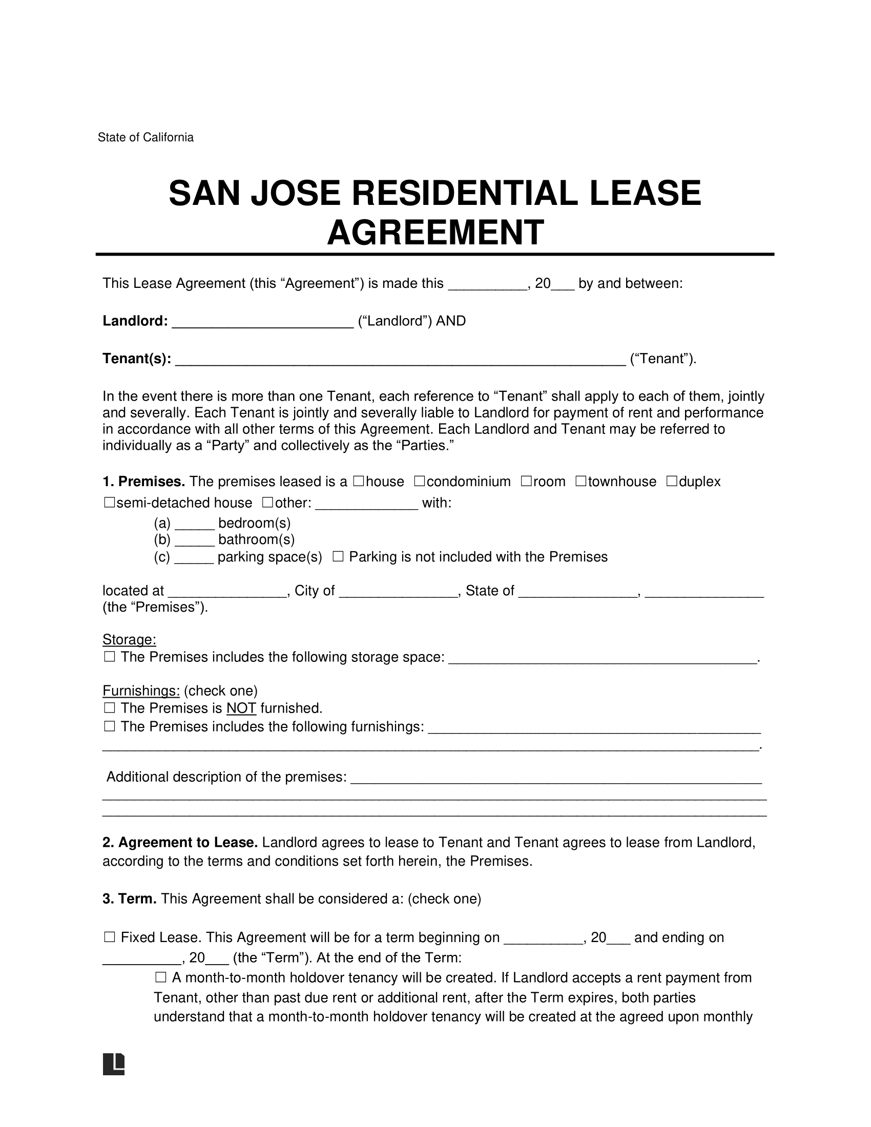 San Jose Residential Lease Agreement Template