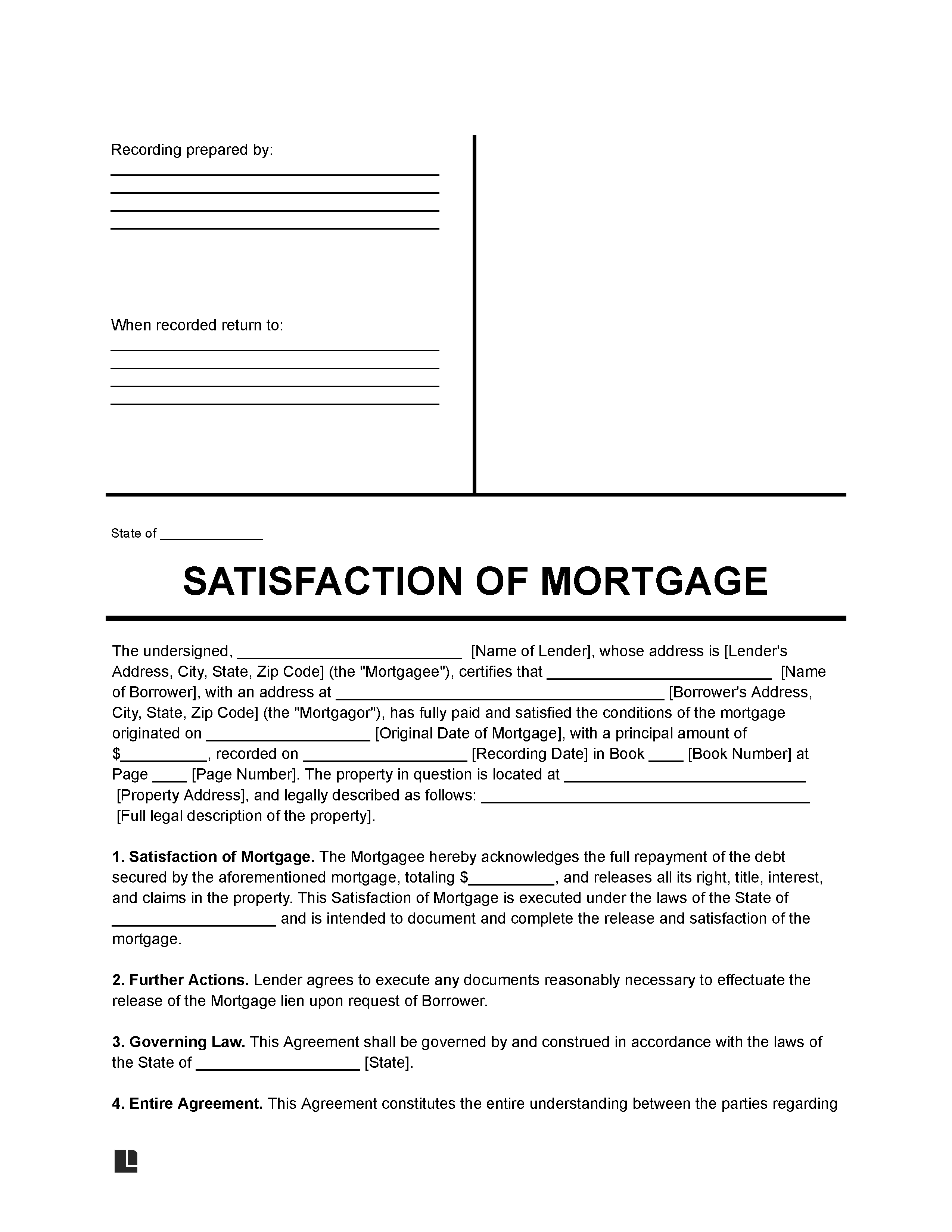 Mortgage Lien Release (Satisfaction of Mortgage) Form
