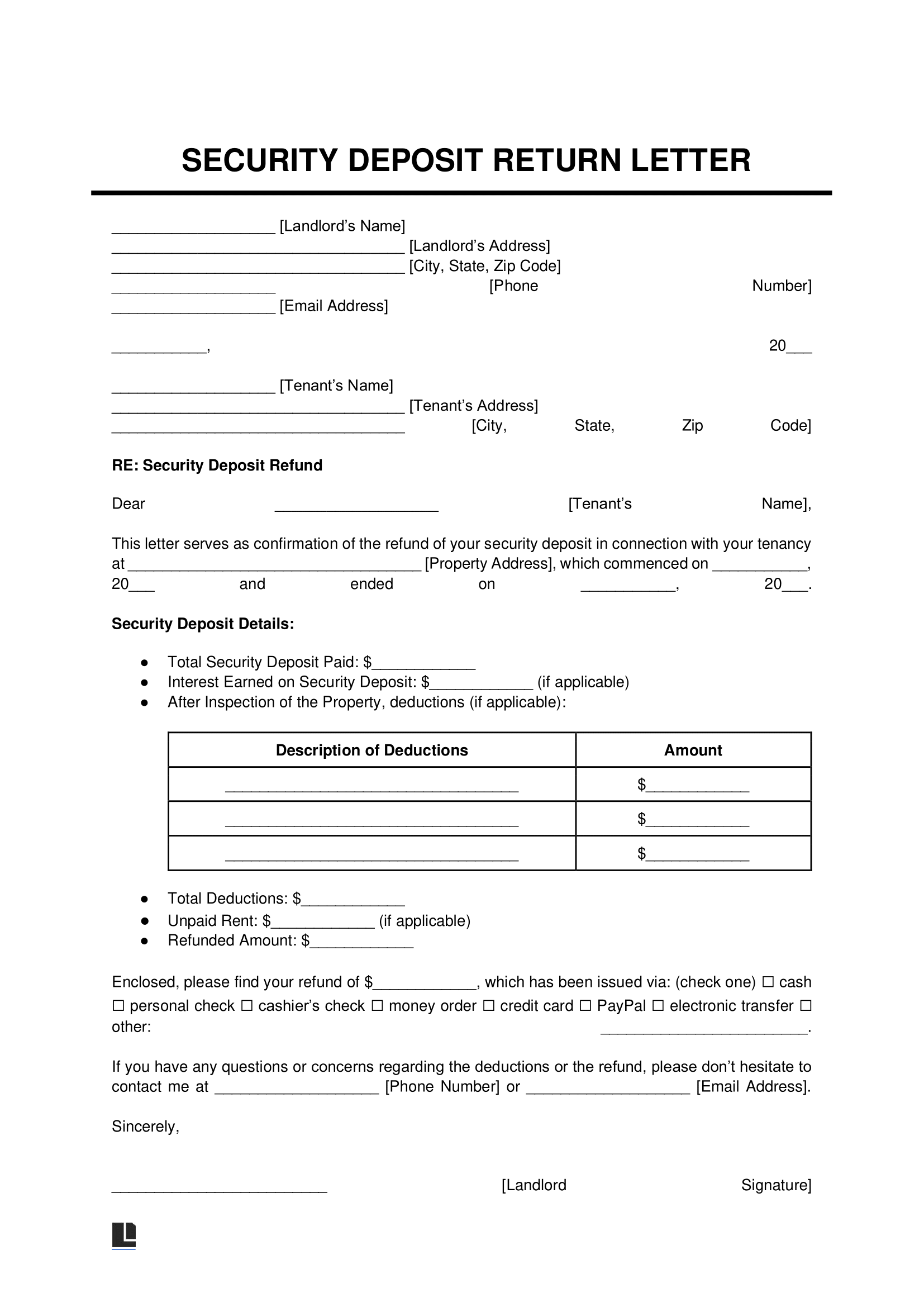 Security Deposit Return Letter Template