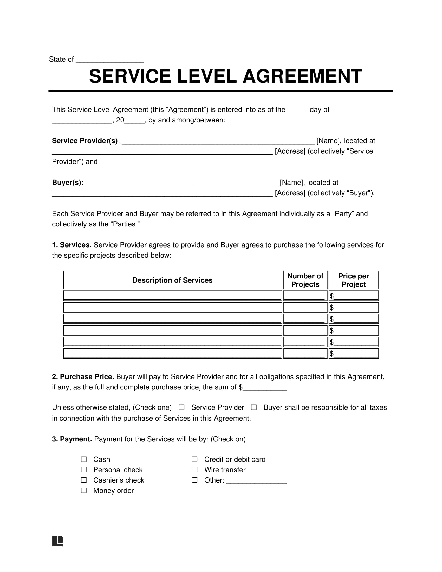 Service Level Agreement screenshot