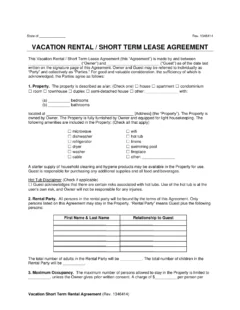 Vacation Rental Short Term Lease Agreement Template