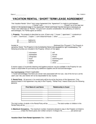 Vacation Rental Short Term Lease Agreement Template