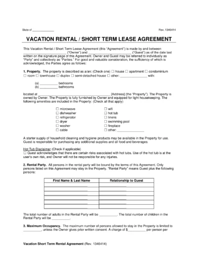Vacation Rental Short Term Lease Agreement Template
