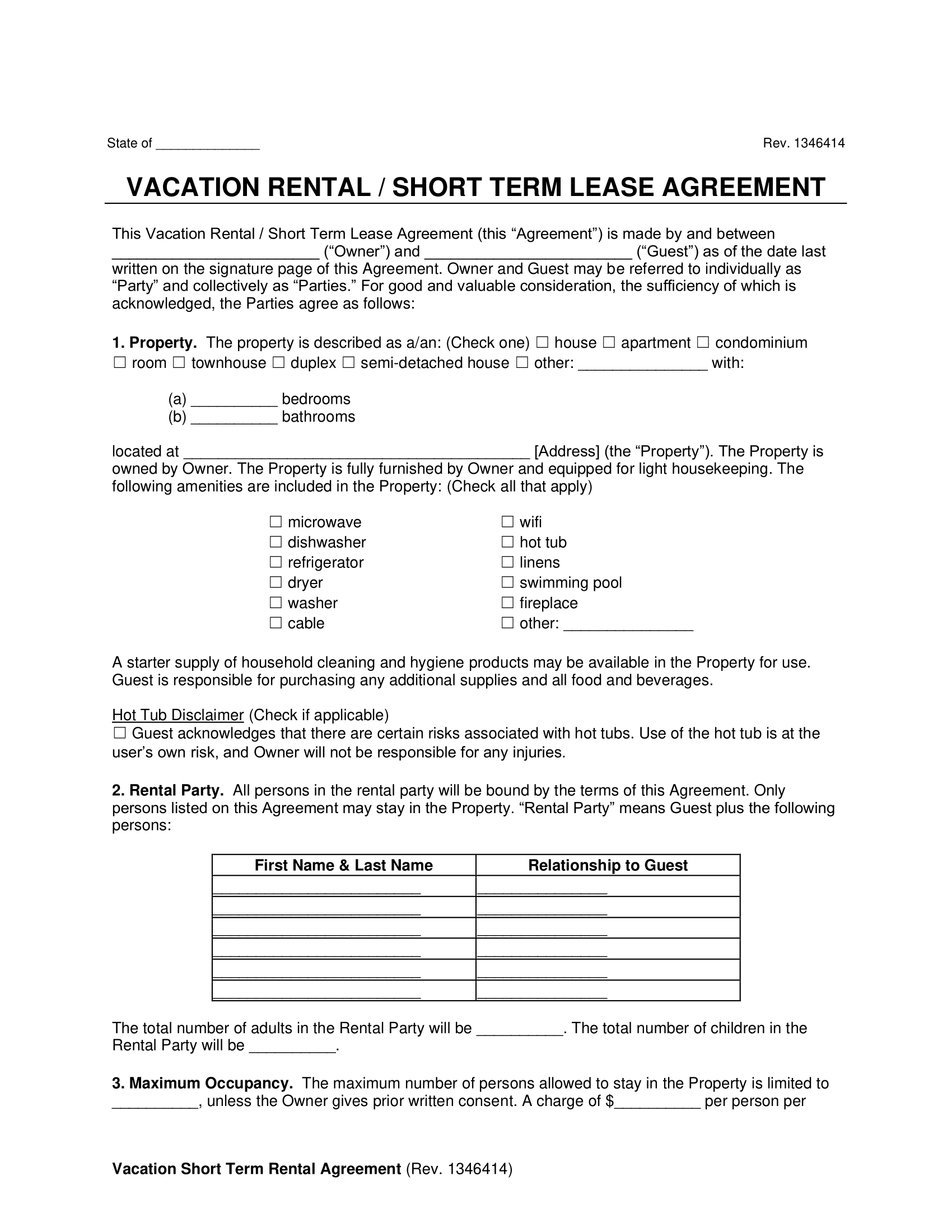 Vacation Rental Short Term Lease Agreement Template