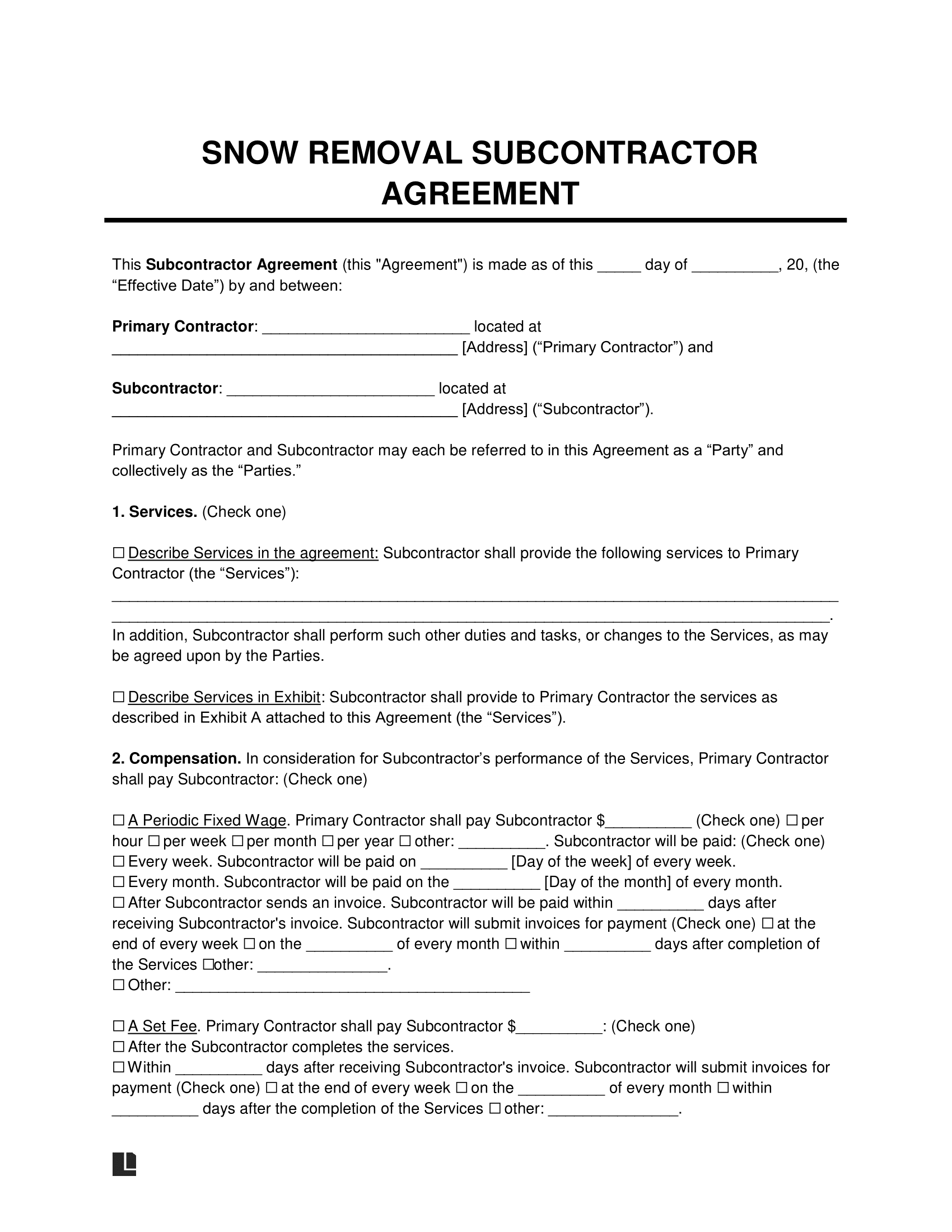 Snow Removal Subcontractor Agreement