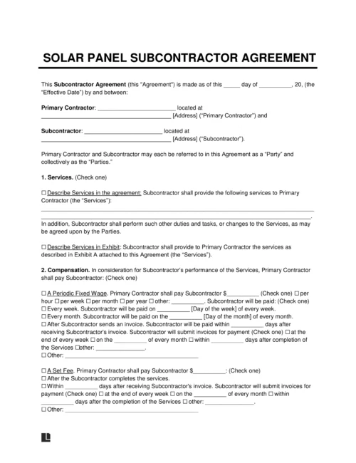 Solar Panel Subcontractor Agreement Template