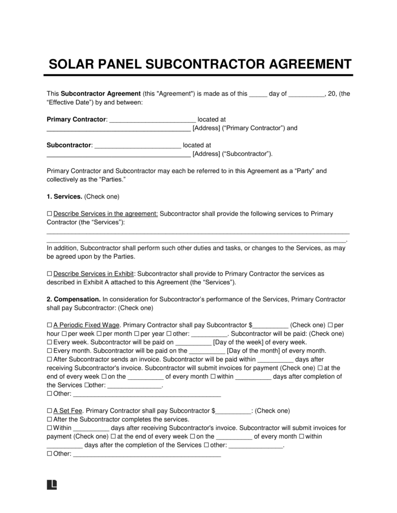 Solar Panel Subcontractor Agreement Template