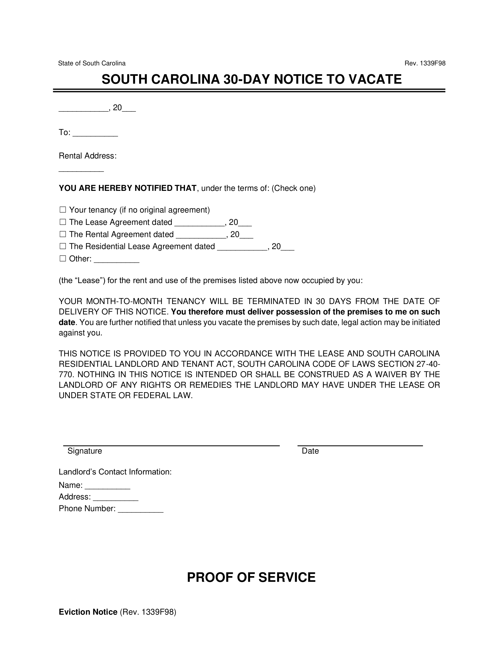 South Carolina 30-Day Notice to Vacate (Month to Month)