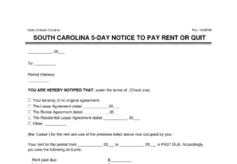 South Carolina 5-Day Eviction Notice to Quit (Non-Payment of Rent)