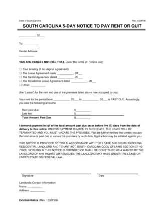South Carolina 5-Day Eviction Notice to Quit (Non-Payment of Rent)