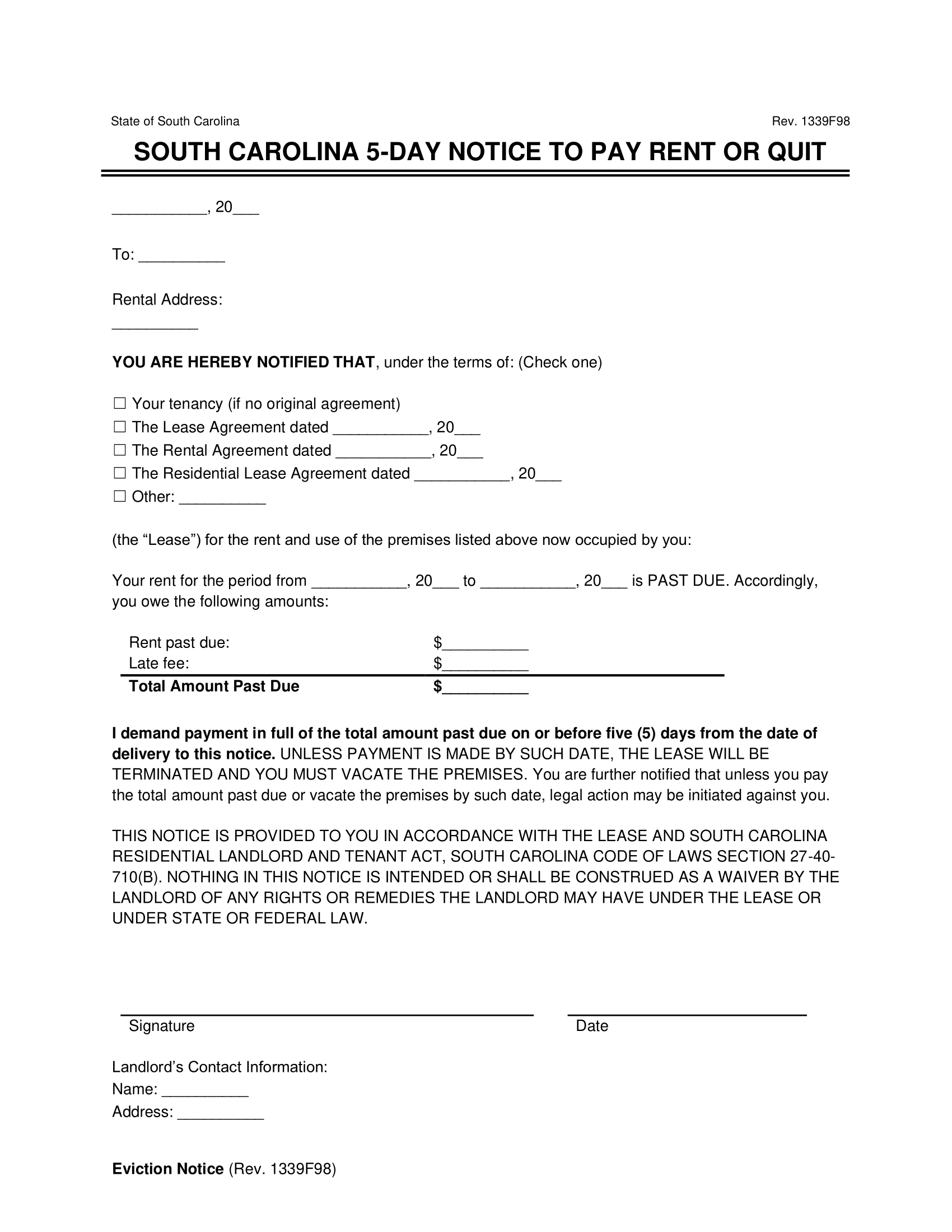 South Carolina 5-Day Eviction Notice to Quit (Non-Payment of Rent)