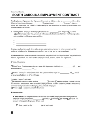 South Carolina Employment Contract Template