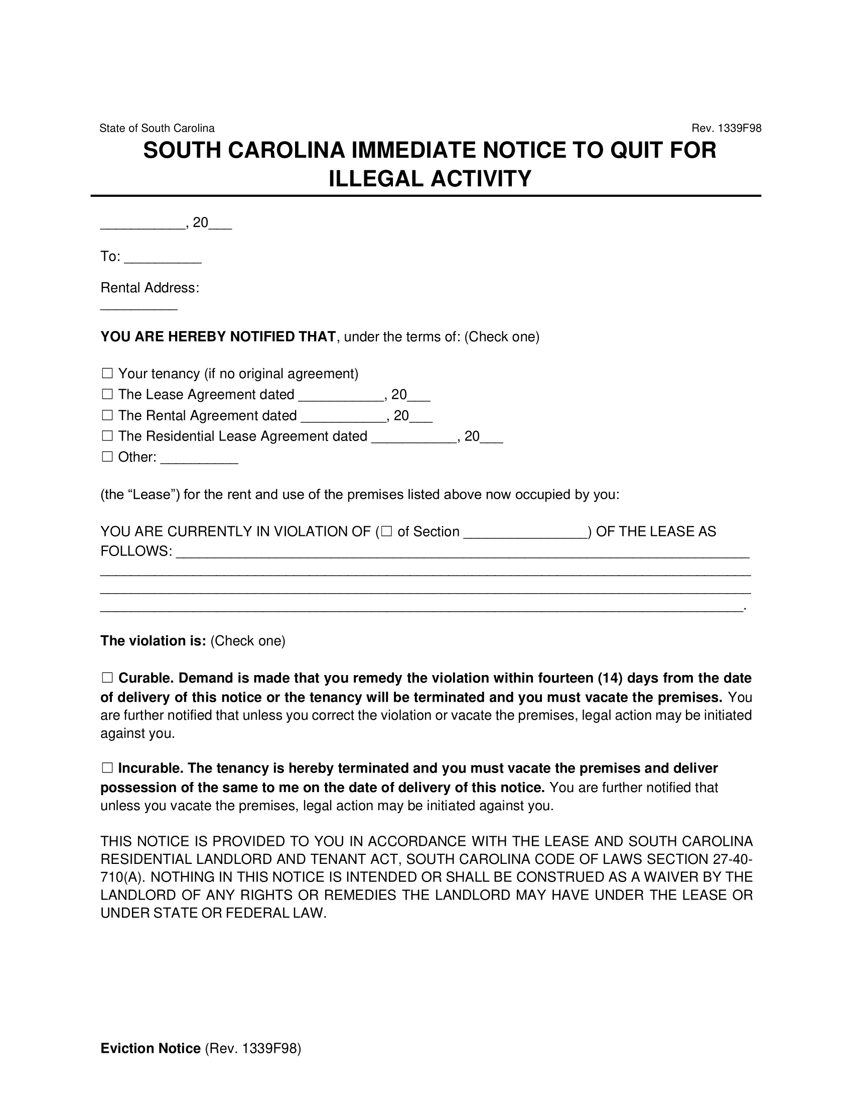 South Carolina Immediate Notice to Quit for Illegal Activity