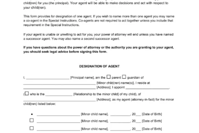 South Carolina Minor Child Power of Attorney Form