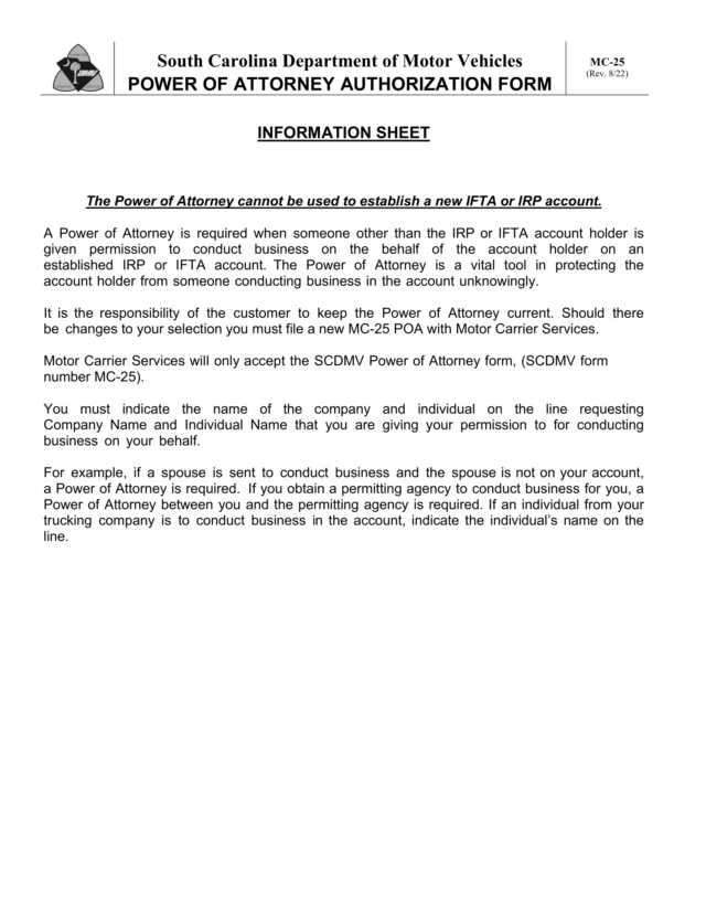 South Carolina Motor Vehicle Power of Attorney Form MC-25