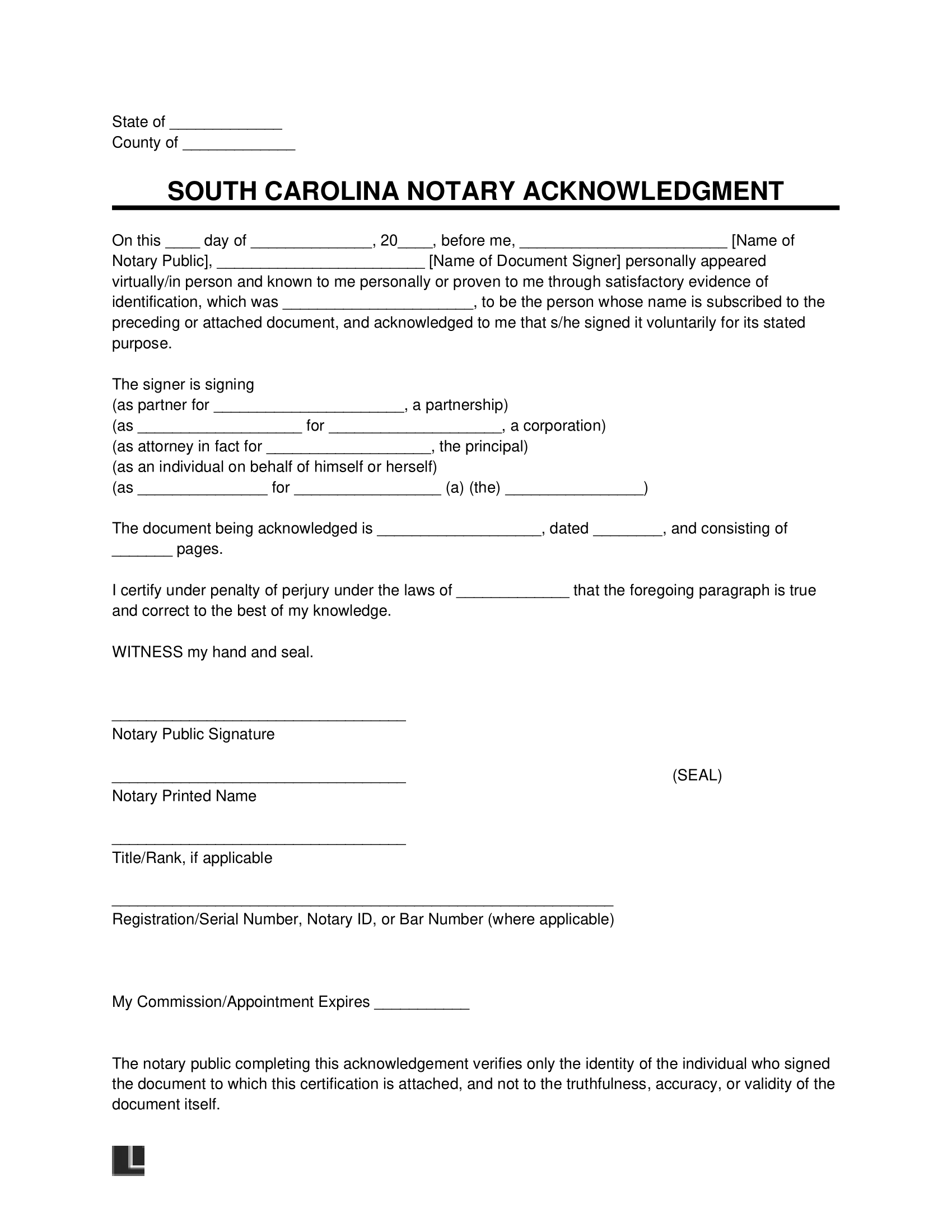 South Carolina Notary Acknowledgment Form