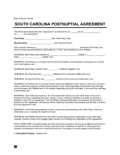 South Carolina Postnuptial Agreement Template