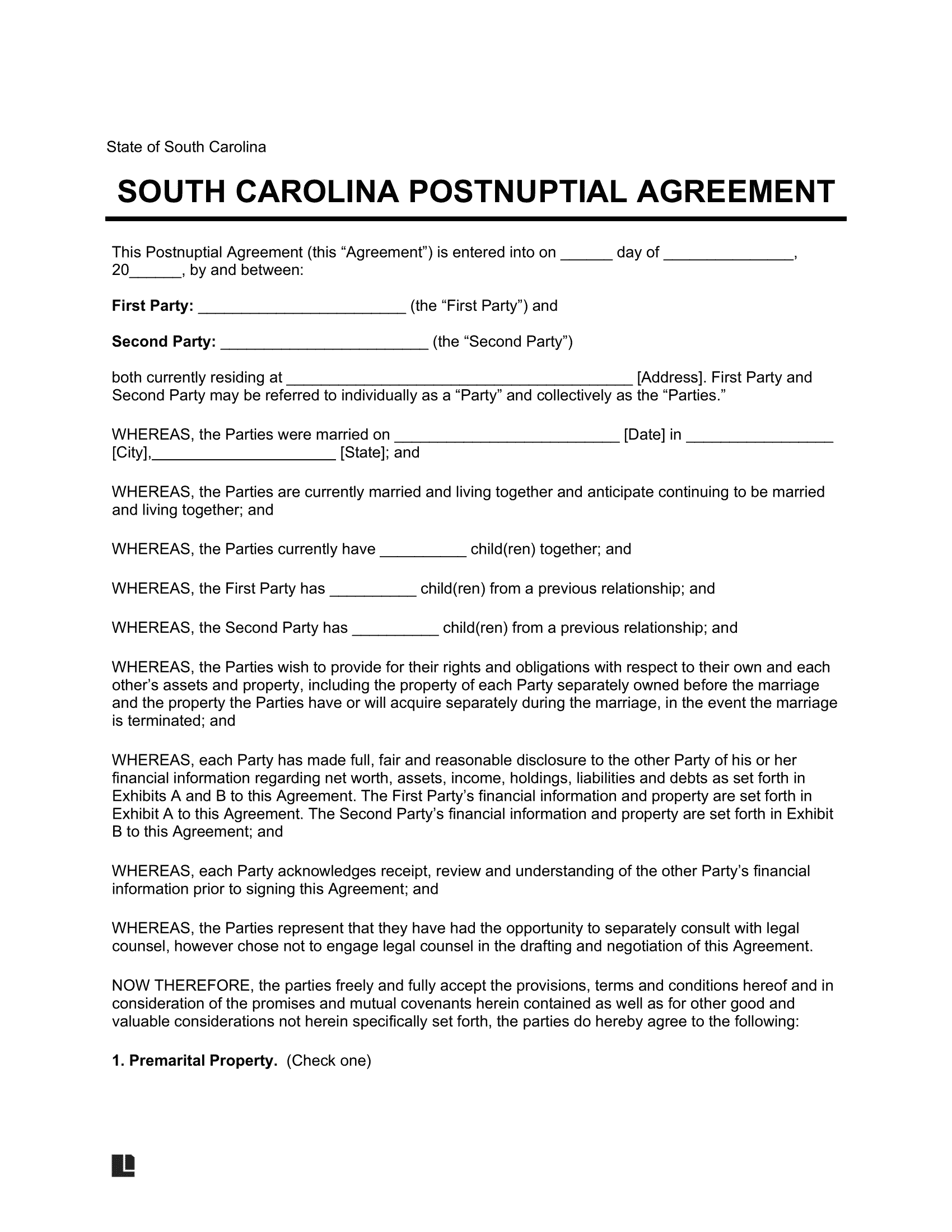 South Carolina Postnuptial Agreement Template
