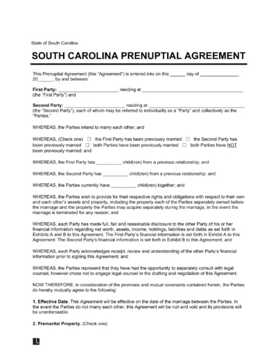 South Carolina Prenuptial Agreement Template