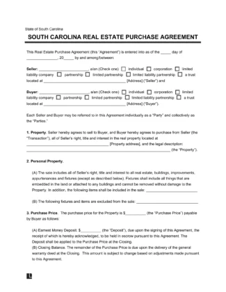 South Carolina Residential Purchase Agreement Template