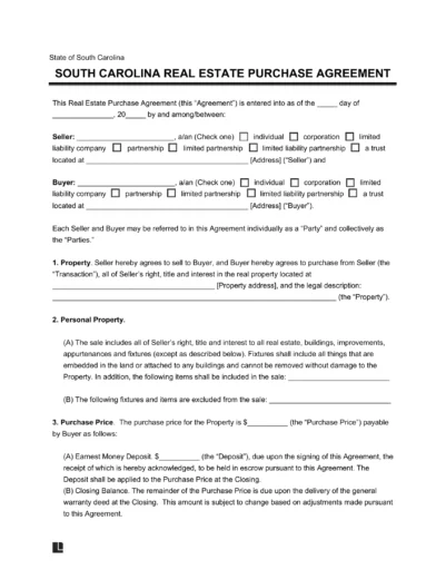South Carolina Residential Purchase Agreement Template