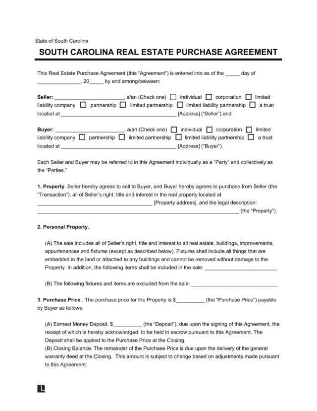 South Carolina Residential Purchase Agreement Template
