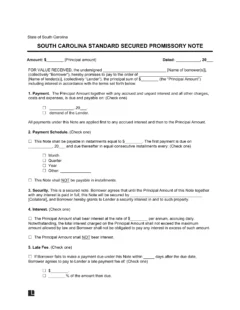South Carolina Standard Secured Promissory Note Template