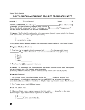 South Carolina Standard Secured Promissory Note Template