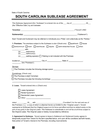 South Carolina Sublease Agreement Template