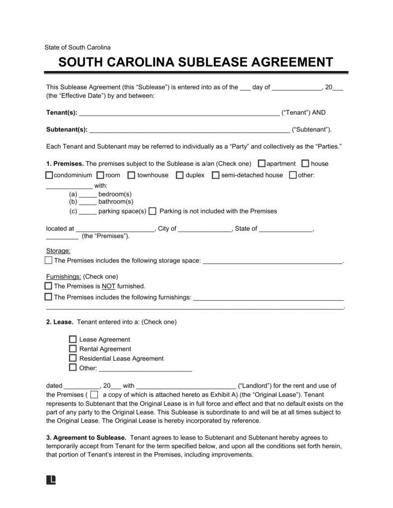 South Carolina Sublease Agreement Template