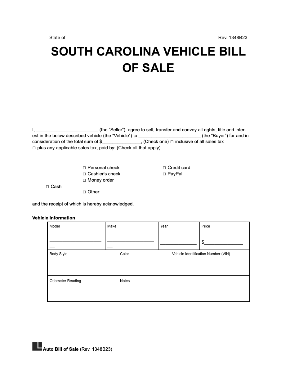 South Carolina vehicle bill of sale