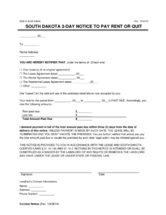 South Dakota 3-Day Eviction Notice to Quit (Non-Payment of Rent)