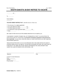 South Dakota 30-Day Notice to Vacate (Month-to-Month)