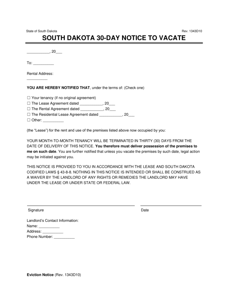 Free South Dakota 30Day Notice to Vacate Lease Termination Letter