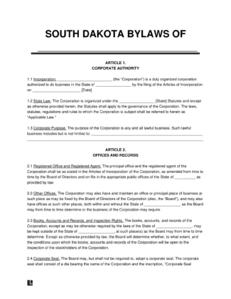 South Dakota Corporate Bylaws Template