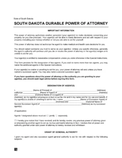 South Dakota Durable Statutory Power of Attorney Form
