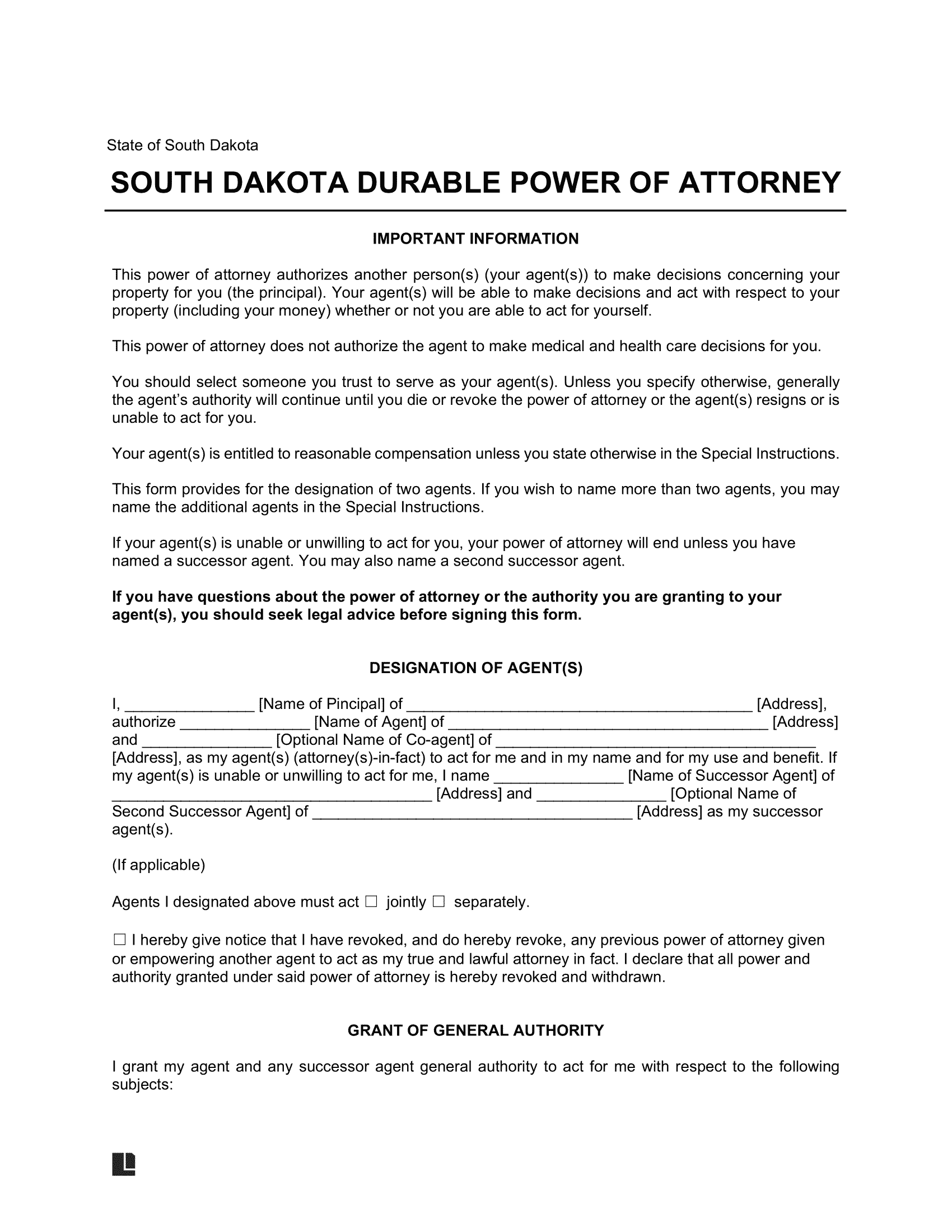 South Dakota Durable Statutory Power of Attorney Form