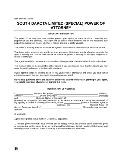 South Dakota Limited Power of Attorney Form
