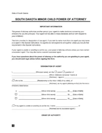 South Dakota Minor Child Power of Attorney Form